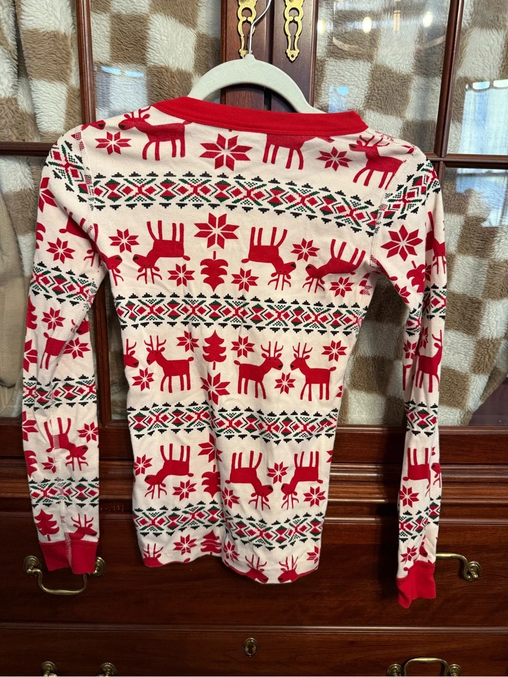 Hanna Andersson Red and White Reindeer Holiday Thermal Top